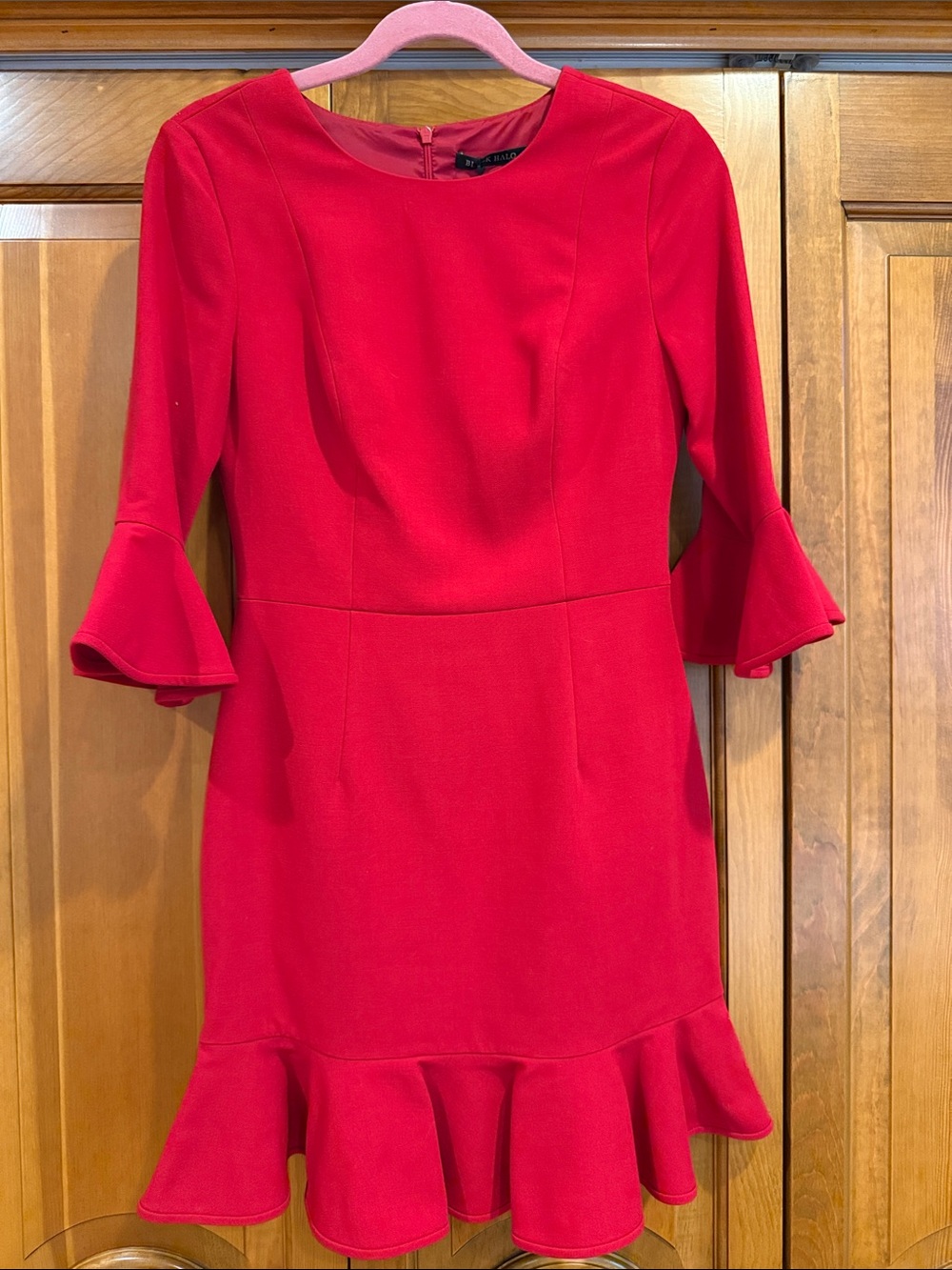 Black Halo Red Ruffle-Hem Long Sleeve Dress